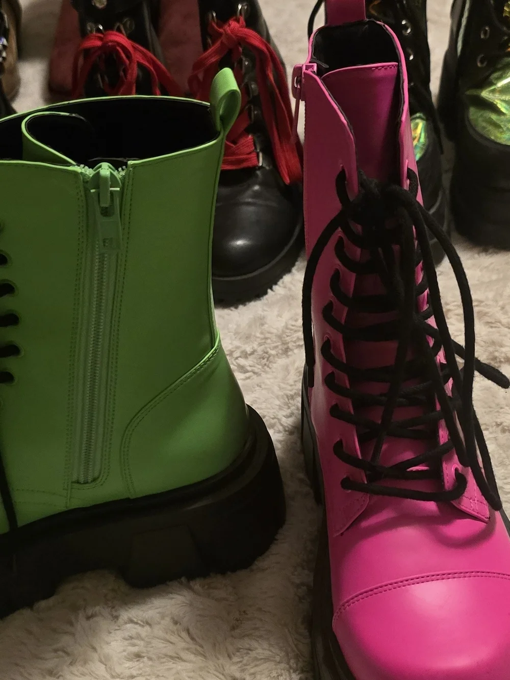 Neon Green & Hot Pink Platform Combat Boots - Women's Lace-Up - Picture 2 of 9
